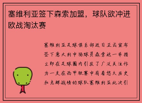 塞维利亚签下森索加盟，球队欲冲进欧战淘汰赛
