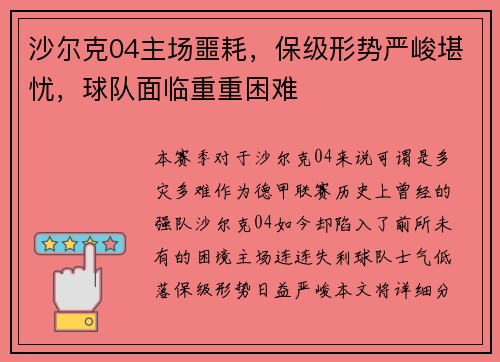沙尔克04主场噩耗，保级形势严峻堪忧，球队面临重重困难