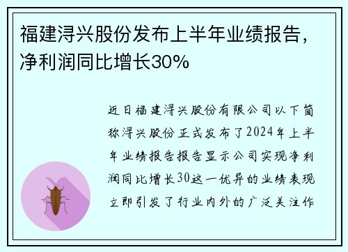 福建浔兴股份发布上半年业绩报告，净利润同比增长30%