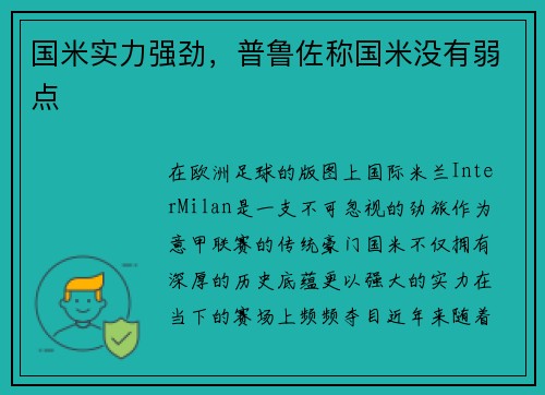 国米实力强劲，普鲁佐称国米没有弱点