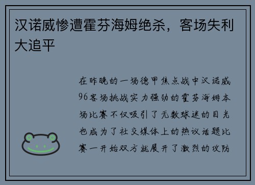 汉诺威惨遭霍芬海姆绝杀，客场失利大追平