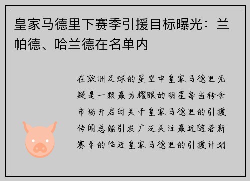 皇家马德里下赛季引援目标曝光：兰帕德、哈兰德在名单内