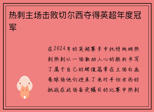 热刺主场击败切尔西夺得英超年度冠军